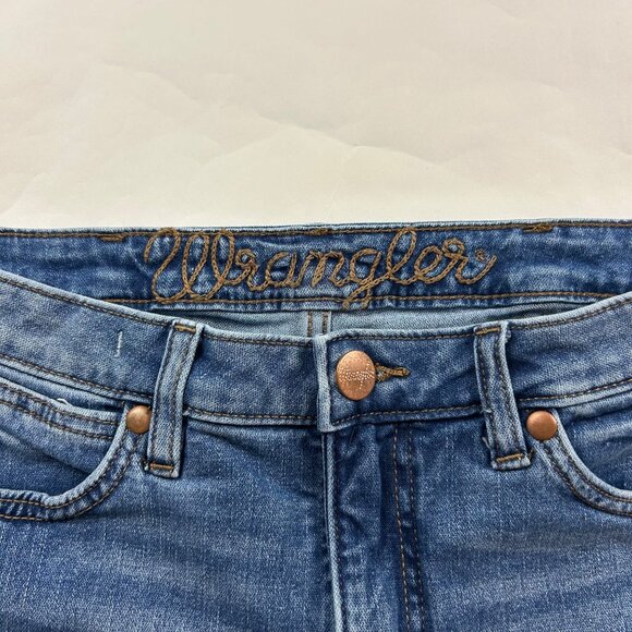 LONG Wrangler Blue Stretch Denim High Rise Extreme Flare Jeans 30 - Picture 3 of 7